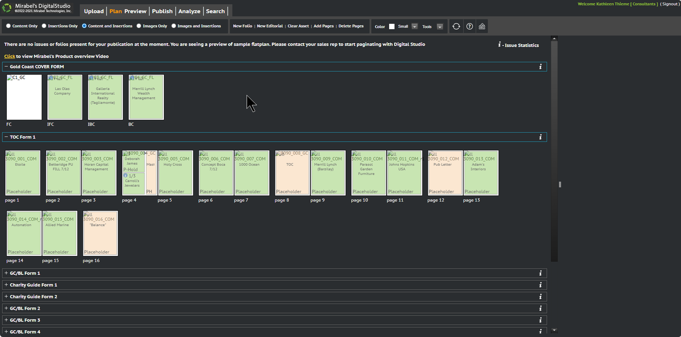 Mirabel's DigitalStudio drag-and-drop flat plan with live ad inventory and pagination