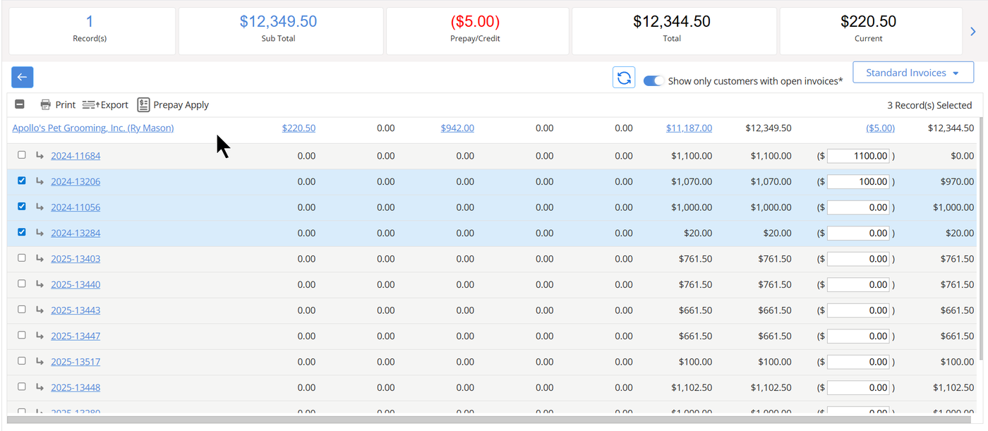 AR billing prepay-apply screen